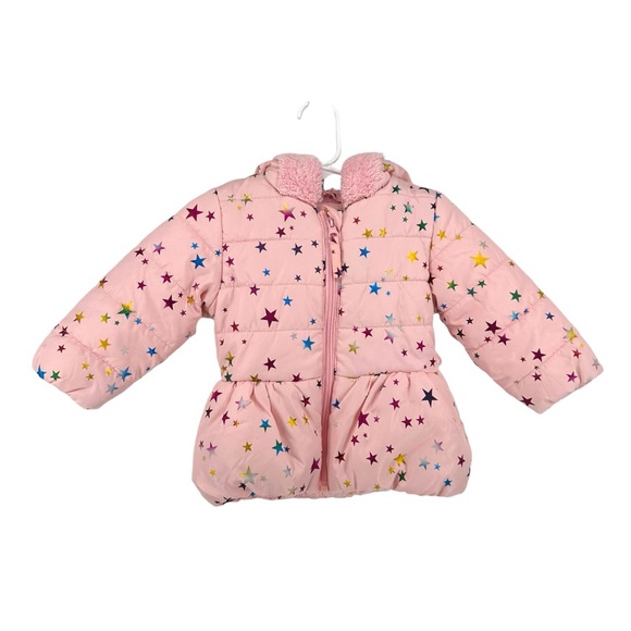 Rothschild Pink Metallic Star Print Hooded Puffer Jacket size 12 Months Girl - Picture 1 of 14